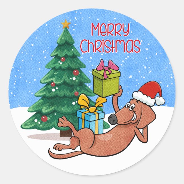Sticker Rond Joyeux Noël Chien de Fête  (Devant)