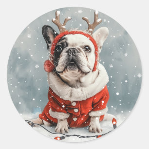 Sticker Rond Joyeux Noël Chien de rennes Français Bulldog