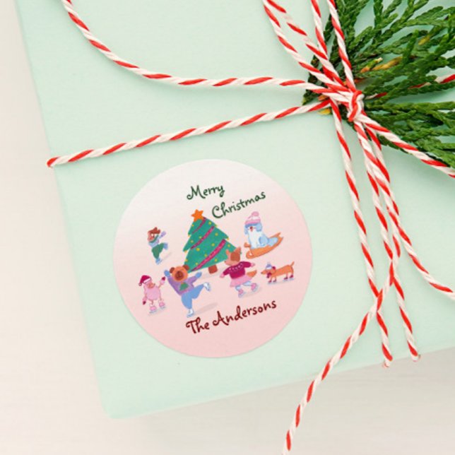 Sticker Rond Joyeux Noël Chien Ice Patinage Nom Pink Gift (Créateur téléchargé)
