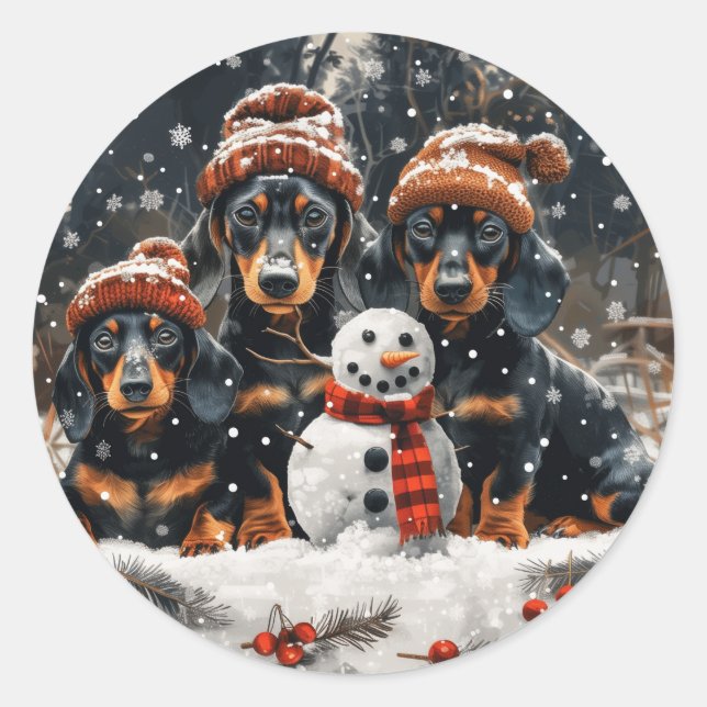 Sticker Rond Joyeux Noël Chiens Chiens Snowman (Devant)
