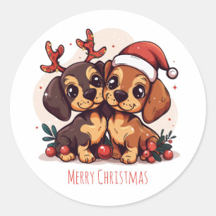 Sticker Rond Joyeux Noël Chiens Dachshund