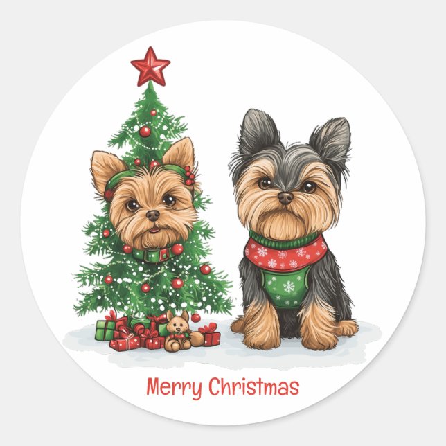 Sticker Rond Joyeux Noël Chiens Yorkie (Devant)