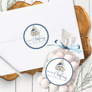 Sticker Rond Joyeux Noël, Chiot de fête, Bleu et Blanc