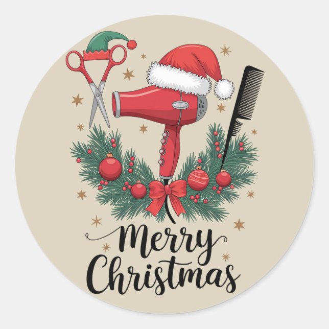 Sticker Rond Joyeux Noël Coiffeur Coiffeuse Noël Cheveux  (Devant)