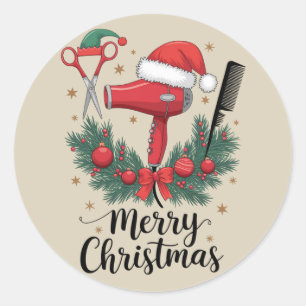 Sticker Rond Joyeux Noël Coiffeur Coiffeuse Noël Cheveux 