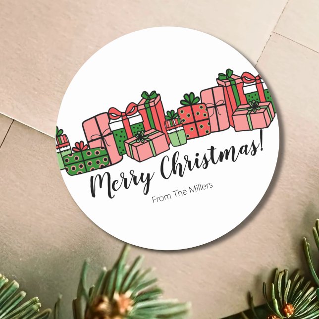Sticker Rond Joyeux Noël Coloré (Cute Colorful Simple Modern Red Pink Christmas Classic Round Sticker)