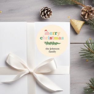 Sticker Rond Joyeux Noël! Coloré, typographie, chapeau santa