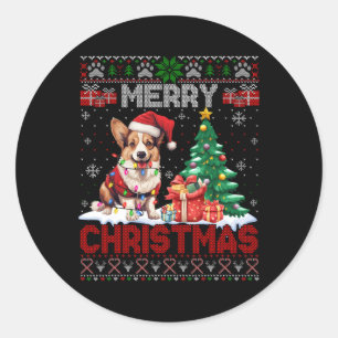 Sticker Rond Joyeux Noël Corgi Amoureux de les chiens Famille V