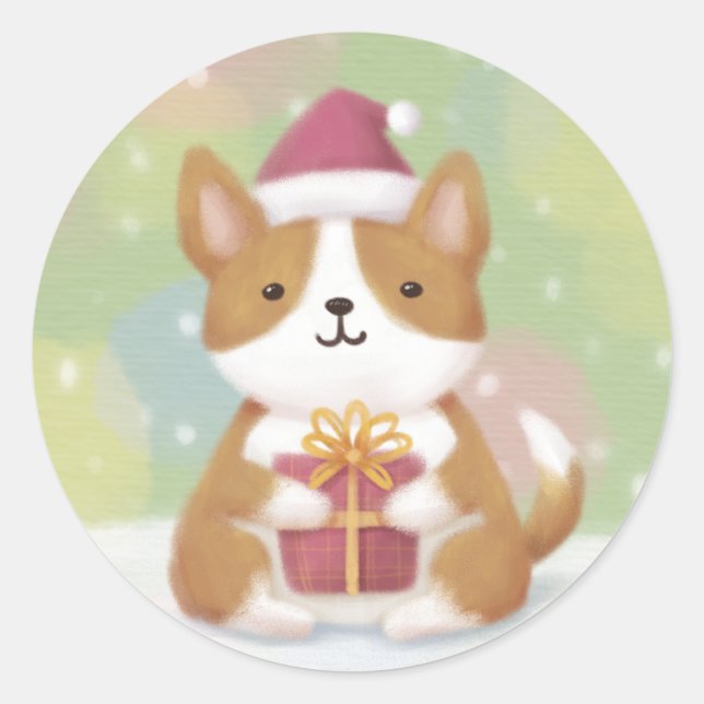 Sticker Rond Joyeux Noël : Corgi Illustration Art (Devant)