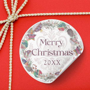 Sticker Rond Joyeux Noël Couronne de Botanical & Baubles