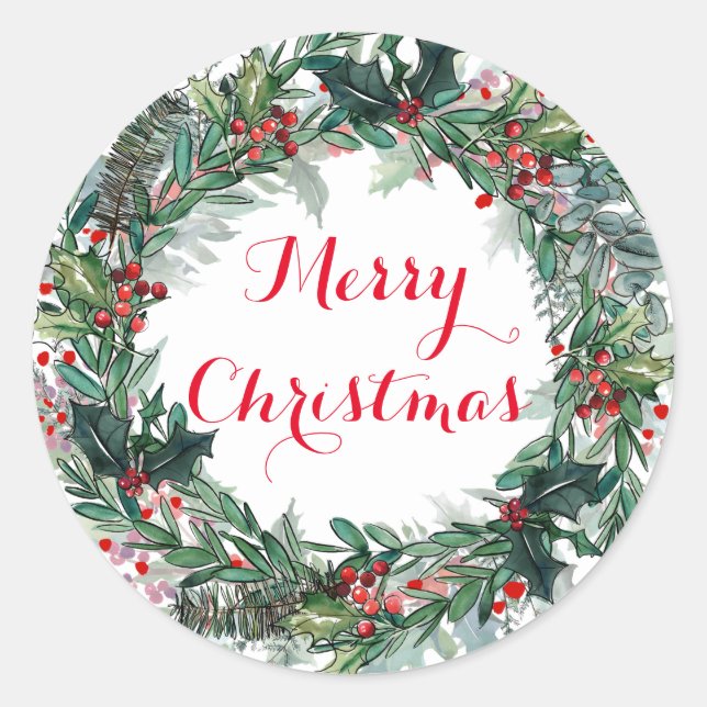 Sticker Rond Joyeux Noël Couronne de houx (Devant)