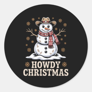 Sticker Rond Joyeux Noël Cowboy Bonhomme de Neige Western Hiver