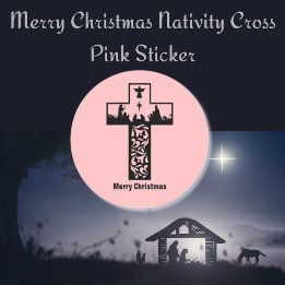 Sticker Rond Joyeux Noël crèche croix rose