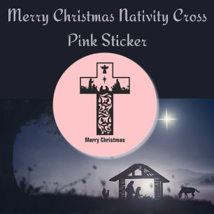 Sticker Rond Joyeux Noël crèche croix rose