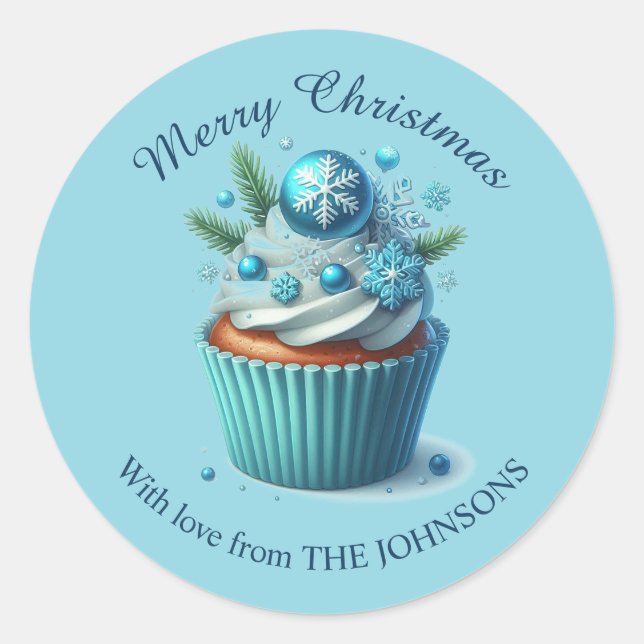 Sticker Rond Joyeux Noël Cupcake bleu avec chevalet d'amour (Devant)