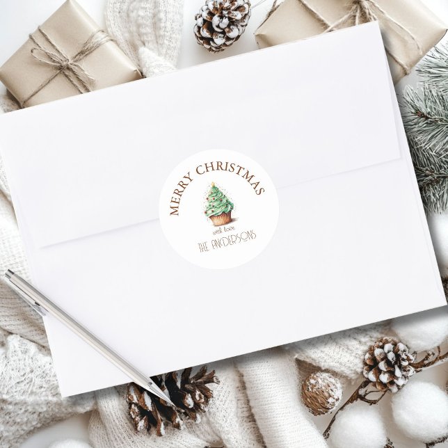 Sticker Rond Joyeux Noël! Cupcake-Noël-Arbre (Créateur téléchargé)