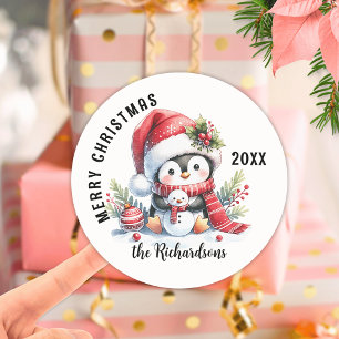 Sticker Rond Joyeux Noël Custom Festive Cute Penguin
