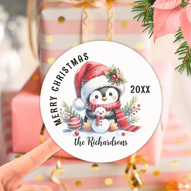 Sticker Rond Joyeux Noël Custom Festive Cute Penguin (Créateur téléchargé)
