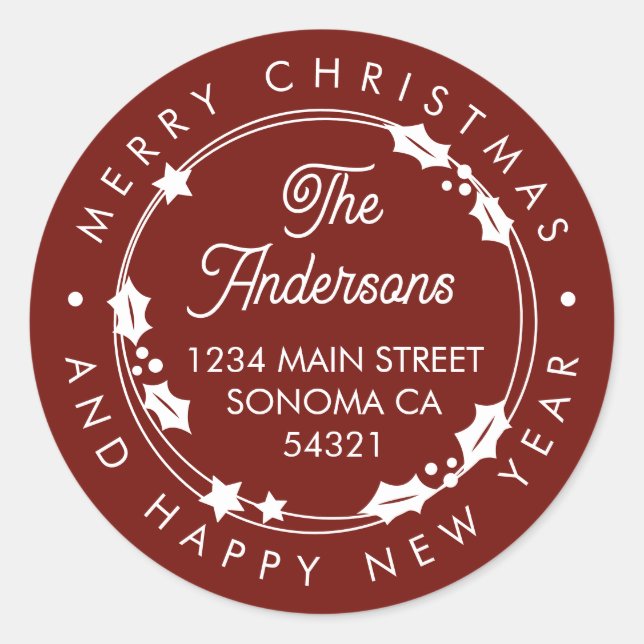 Sticker Rond Joyeux Noël Custom Script Adresse Wreath Red (Devant)