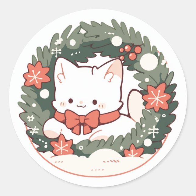 Sticker Rond Joyeux Noël Cute Kitty Chat (Devant)