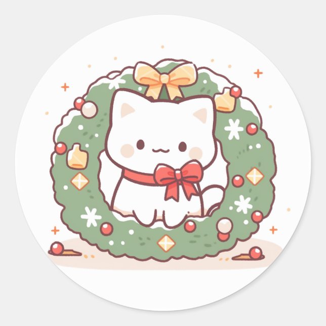 Sticker Rond Joyeux Noël Cute Kitty Chat (Devant)