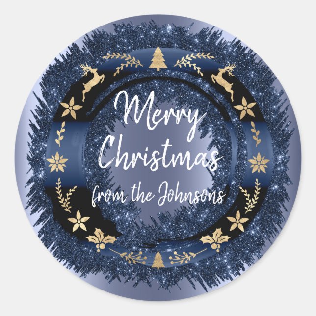 Sticker Rond Joyeux Noël de Blue Navy Parties scintillant Gold  (Devant)