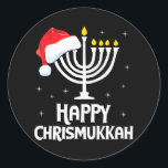Sticker Rond Joyeux Noël de Chrismukkah Santa Hat Menorah<br><div class="desc">Joyeux Noël de Chrismukkah Santa Hat Menorah</div>