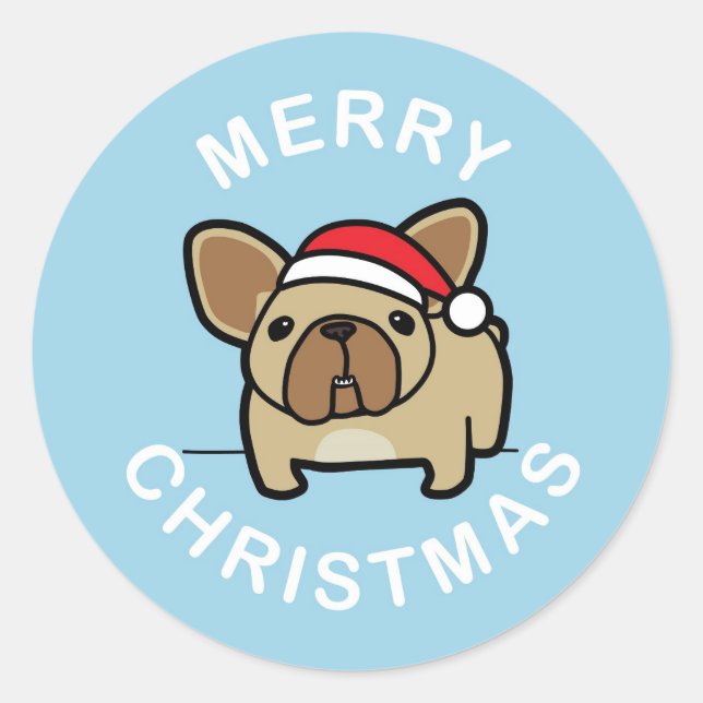 Sticker Rond Joyeux Noël de Fawn Père Noël Frenchie - Bleu (Devant)