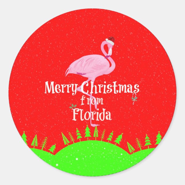 Sticker Rond Joyeux Noël de Floride et Père Noël Flamant rose (Devant)