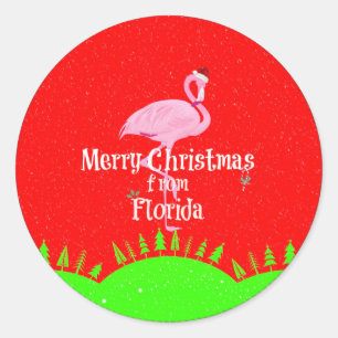 Sticker Rond Joyeux Noël de Floride et Père Noël Flamant rose