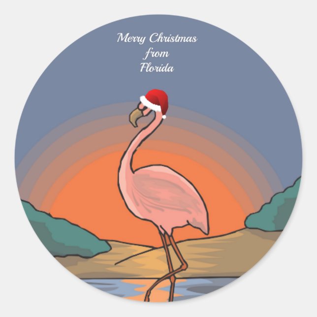 Sticker Rond Joyeux Noël de Floride, Flamant rose, (Devant)