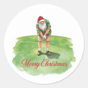 Sticker Rond Joyeux Noël de golf avec le Père Noël jouant au go