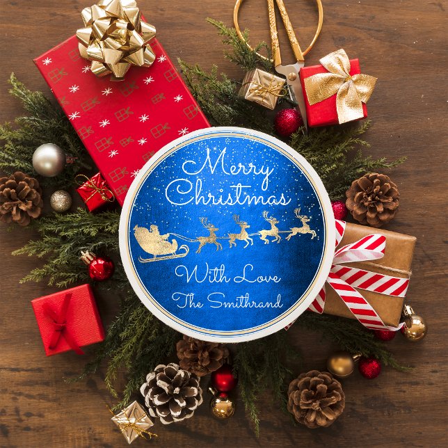 Sticker Rond Joyeux Noël de Père Noël Reindeer bleu nuit (Blue & Gold Wishes 🌟 FlorenceK)