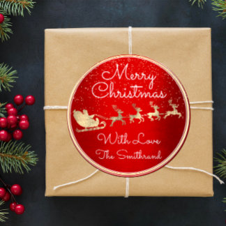 Sticker Rond Joyeux Noël de Père Noël Reindeer Rouge clair