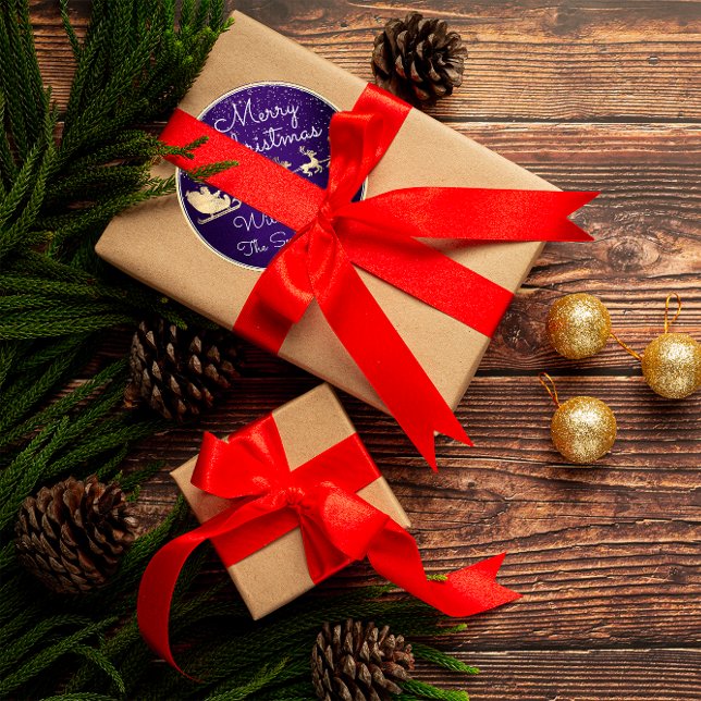 Sticker Rond Joyeux Noël de Père Noël Reindeer Sleight Navy (Créateur téléchargé)