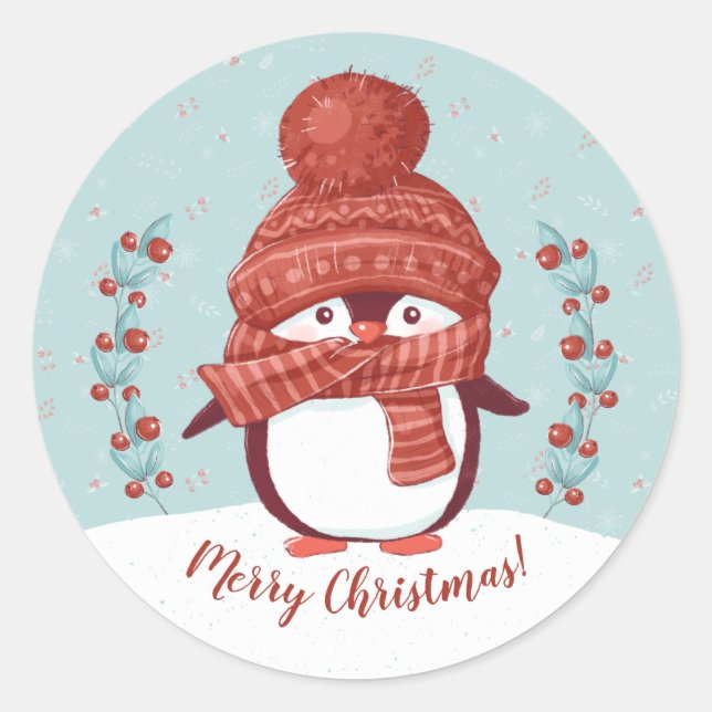 Sticker Rond Joyeux Noël de Pingouin mignon (Devant)