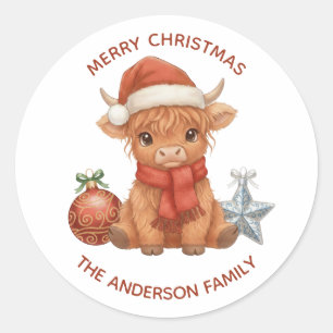 Sticker Rond Joyeux Noël de vache des Highlands personnalisé au