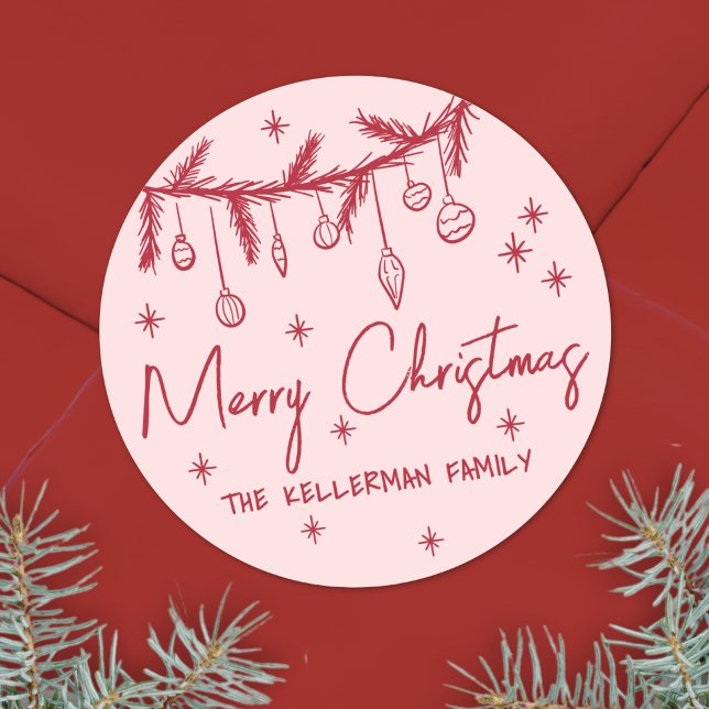 Sticker Rond Joyeux Noël Dessiné à la Main avec Caractère (Hand Drawn Quirky Merry Christmas Classic Round Sticker)