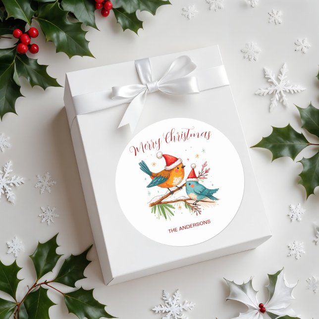 Sticker Rond Joyeux Noël Deux Oiseaux Amoureux (Créateur téléchargé)