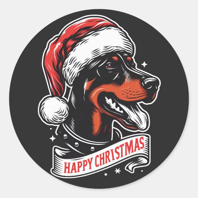 Sticker Rond Joyeux Noël - Dobermann Santa Hat Funny Chien (Devant)