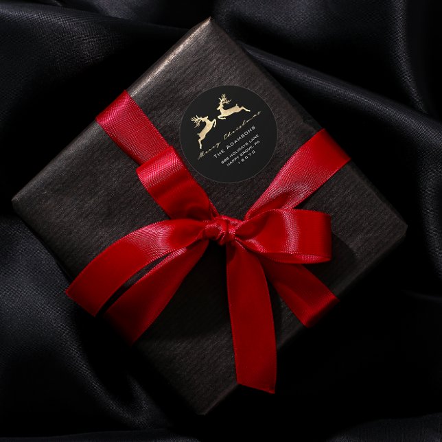 Sticker Rond Joyeux Noël du nom Black Gold RSVP Reindeer (Merry Christmas From Name Black Gold RSVP Reindeer Classic Round Sticker)