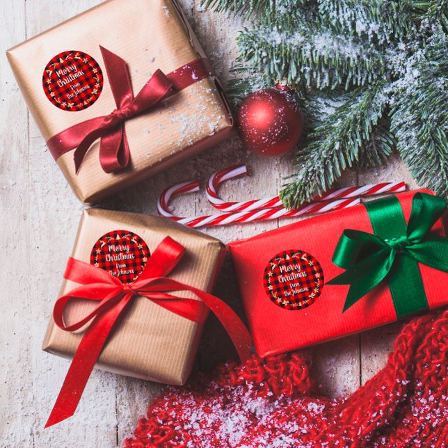 Sticker Rond Joyeux Noël du nom Gold Buffalo Plaid REd (Merry Christmas From Name Gold Buffalo Plaid REd Classic Round Sticker )