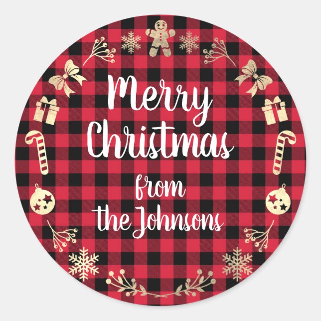 Sticker Rond Joyeux Noël du nom Gold Buffalo Red Plaid (Devant)