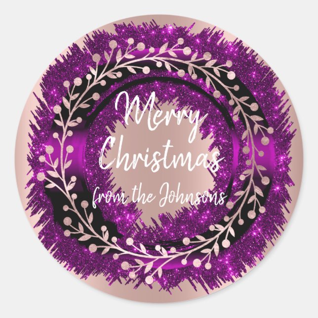 Sticker Rond Joyeux Noël Du Nom Rose Rose Winter Wreath (Devant)