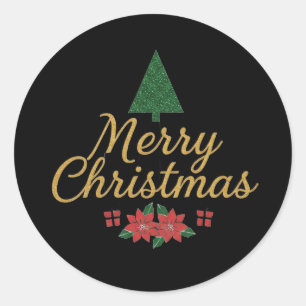 Sticker Rond Joyeux Noël écriture dorée avec Poinsettia et arbr