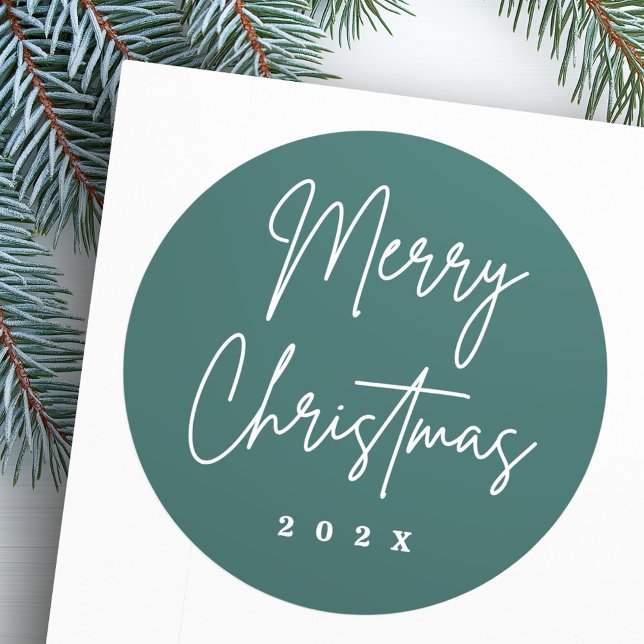 Sticker Rond Joyeux Noël écriture manuscrite pin vert (Merry Christmas handwritten script pine green Classic Round Sticker)