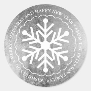 Sticker Rond Joyeux Noël éditable flocon de neige argent blanc