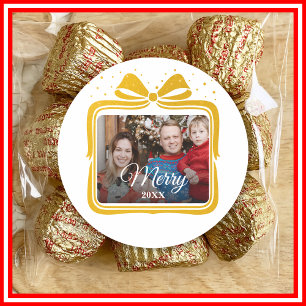 Sticker Rond Joyeux Noël Élégant Nœud Cadeau Photo Collage