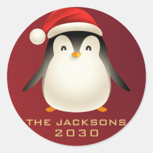 Sticker Rond Joyeux Noël Élégant Pingouin Rouge Blanc