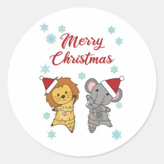 Sticker Rond Joyeux Noël Elephant Lion Neige Zoo d'hiver Clas